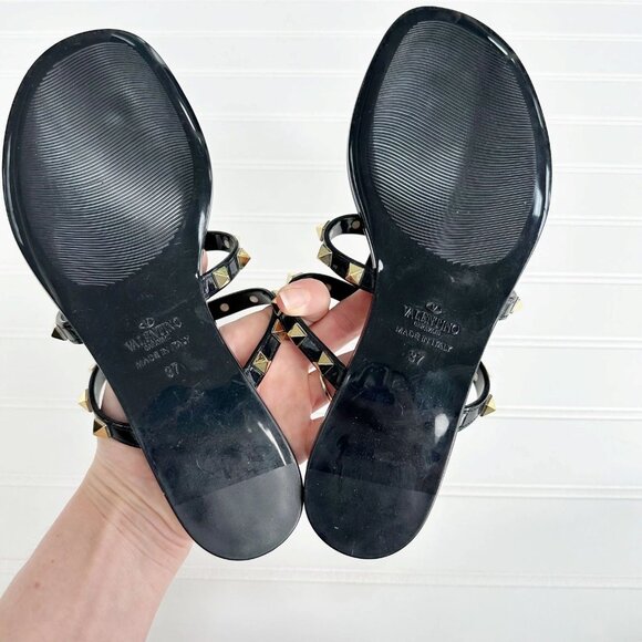 Valentino Garavani Rockstud Black Jelly Sandal Flip Flop Stud Shiny Slide SZ 37 - Picture 2 of 6